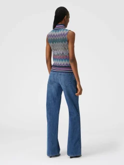 Top senza maniche a collo alto in lana zig zag