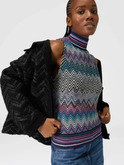 Top senza maniche a collo alto in lana zig zag