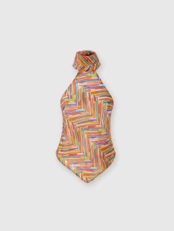 Top smanicato a collo alto in misto cotone e seta stampato