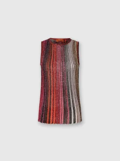 Top smanicato parzializzato a righe con paillettes
