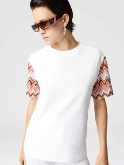 T-shirt girocollo con maniche in maglia zig zag