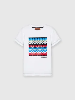 T-shirt girocollo in cotone con stampa zig zag e impunture a contrasto