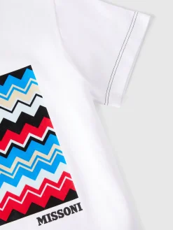 T-shirt girocollo in cotone con stampa zig zag e impunture a contrasto