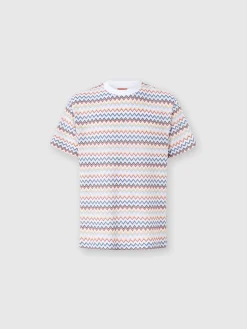 T-shirt girocollo in cotone zig zag con colletto a contrasto