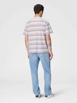 T-shirt girocollo in cotone zig zag con colletto a contrasto