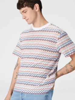 T-shirt girocollo in cotone zig zag con colletto a contrasto