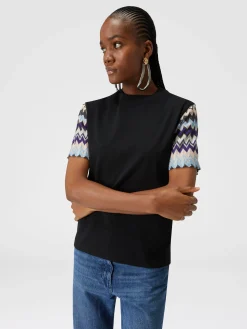 T-shirt in jersey di cotone con maniche in maglia zig zag