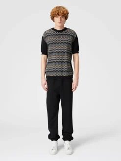 T-shirt in maglia di cotone zig zag con inserti tinta unita