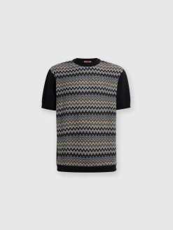 T-shirt in maglia di cotone zig zag con inserti tinta unita