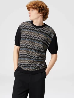 T-shirt in maglia di cotone zig zag con inserti tinta unita