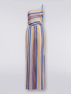 Tuta pantalone monospalla in crochet rigato