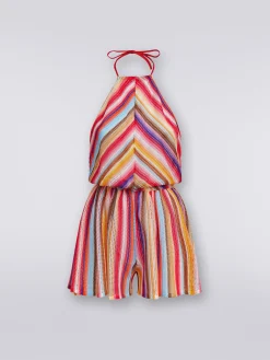 Tuta shorts in crochet con scollatura all'americana